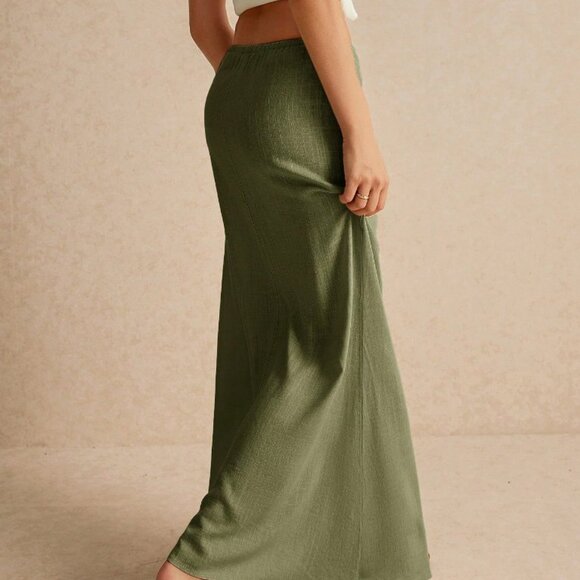 Olive Green Casual Women's Maxi Skirt - Picture 2 of 5